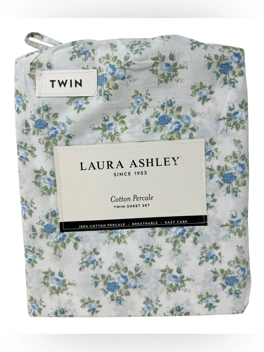Laura Ashley Twin Size Sheet Set Taylor Blue Floral Cotton Percale NWT